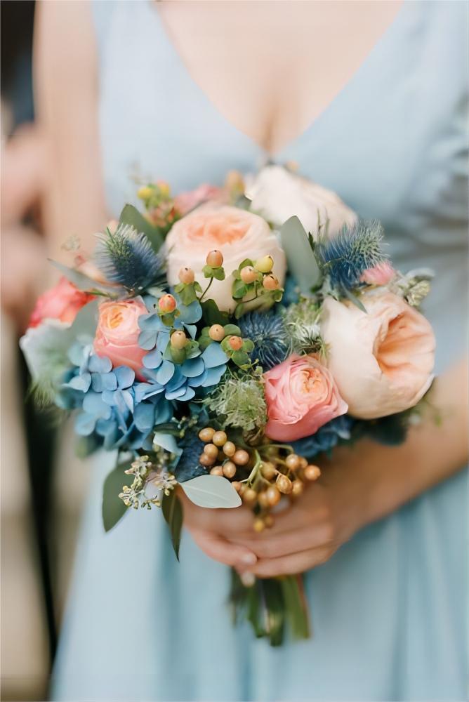 pink peach blue hydrangea bouquet