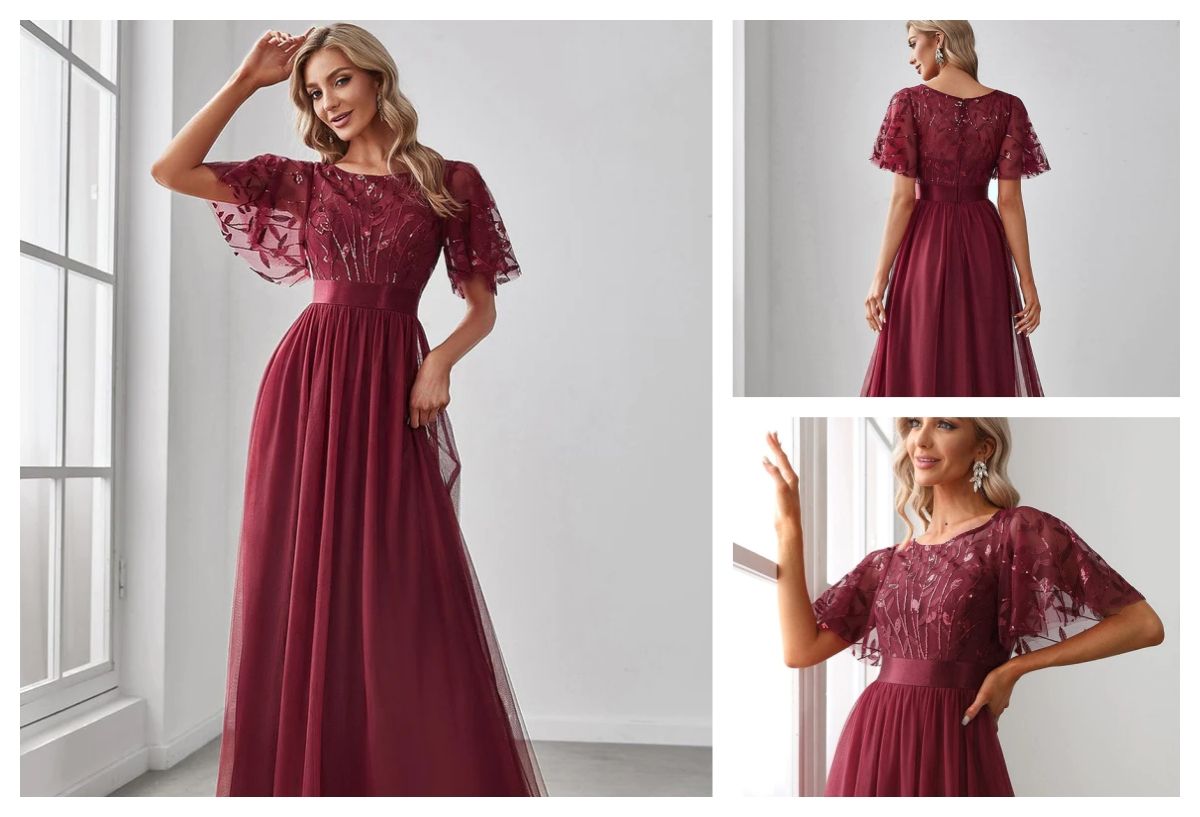 A-Line Sequin Leaf Maxi Evening Dress with Sleeves