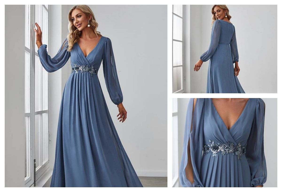 Chiffon V-Neckline Long Sleeve Formal Evening Dress