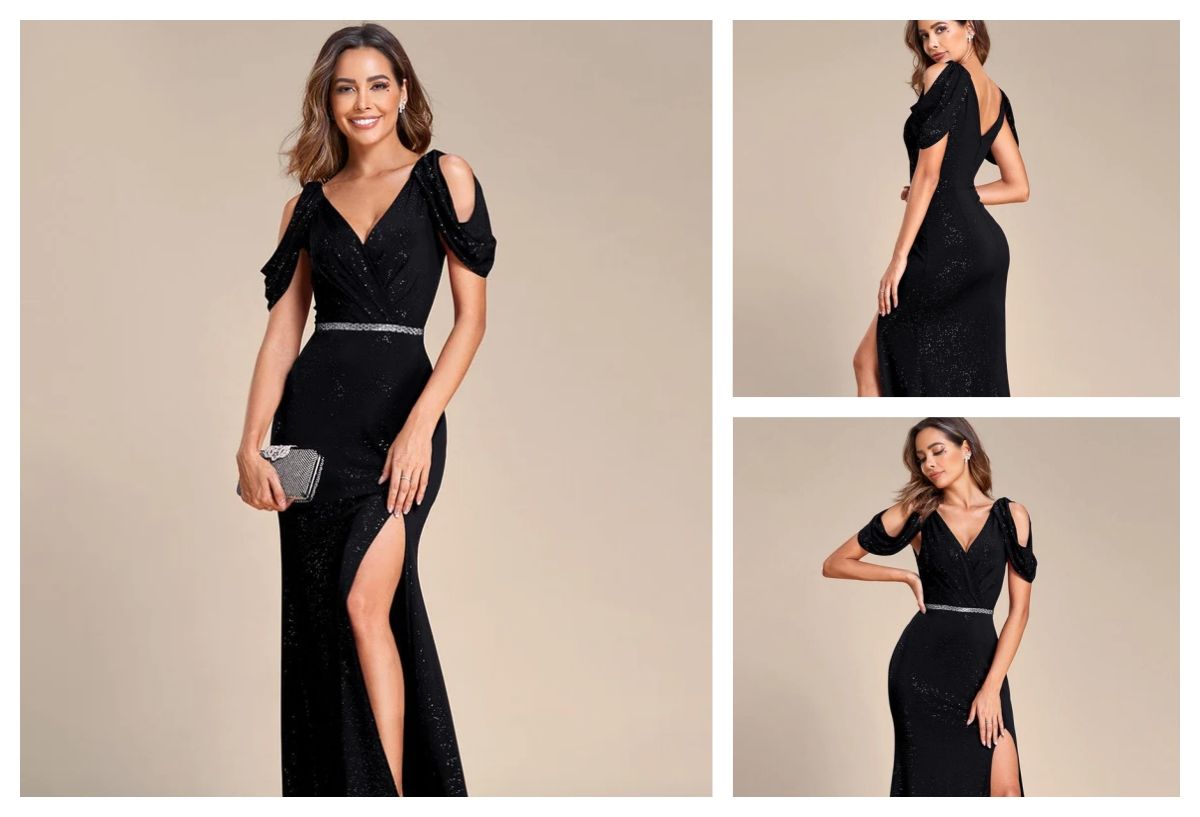 Cold Shoulder Puff Sleeve Shiny Belt Backless Glitter Evening Dress