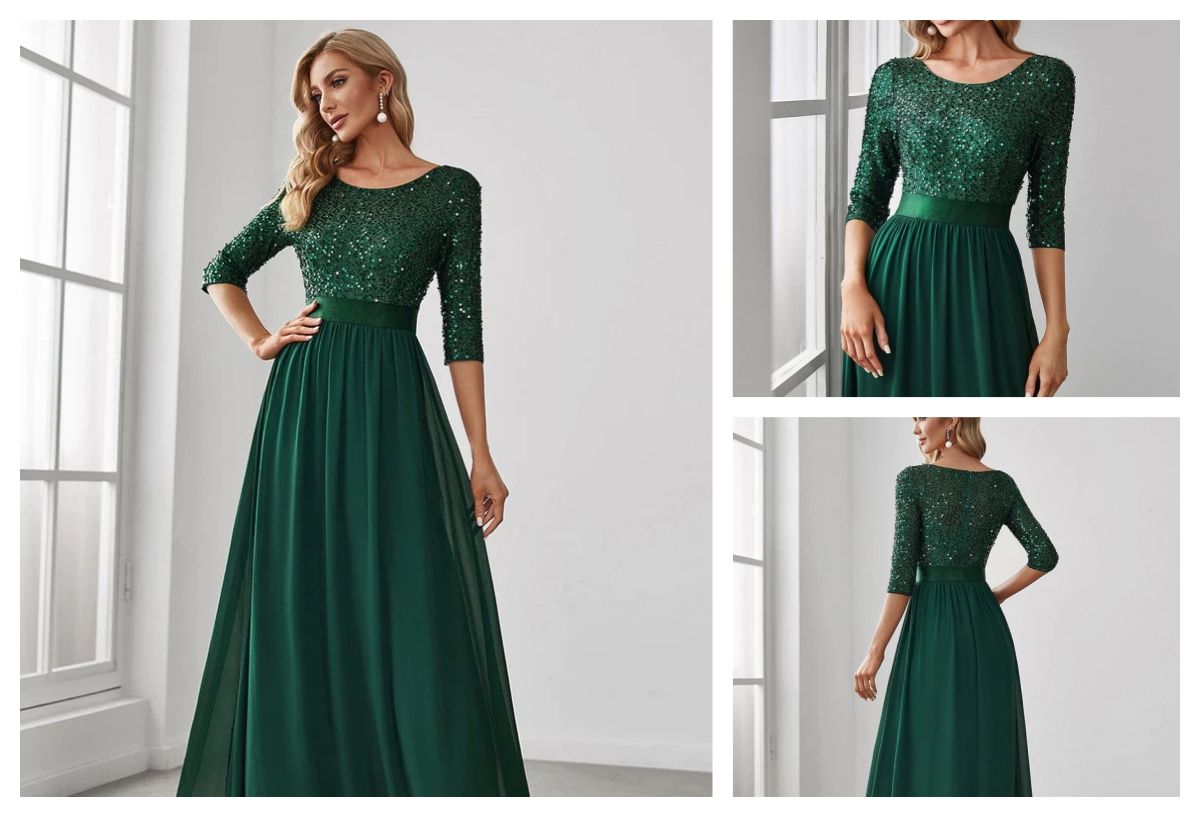 Round Neckline Long Sleeves Sequin Evening Dress