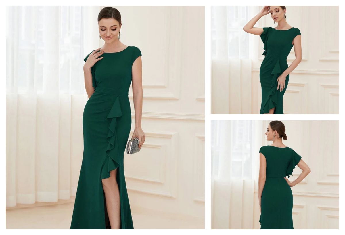 Ruffled Asymmetrical Front Slit Floor-Length Knit Evening Dress