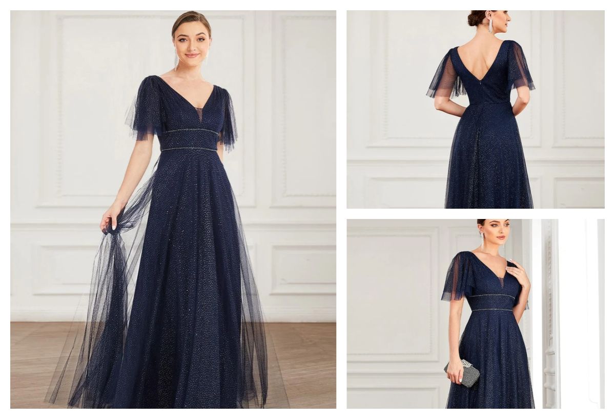 V Neck Tulle Evening Dress with Ruffle Sleeves