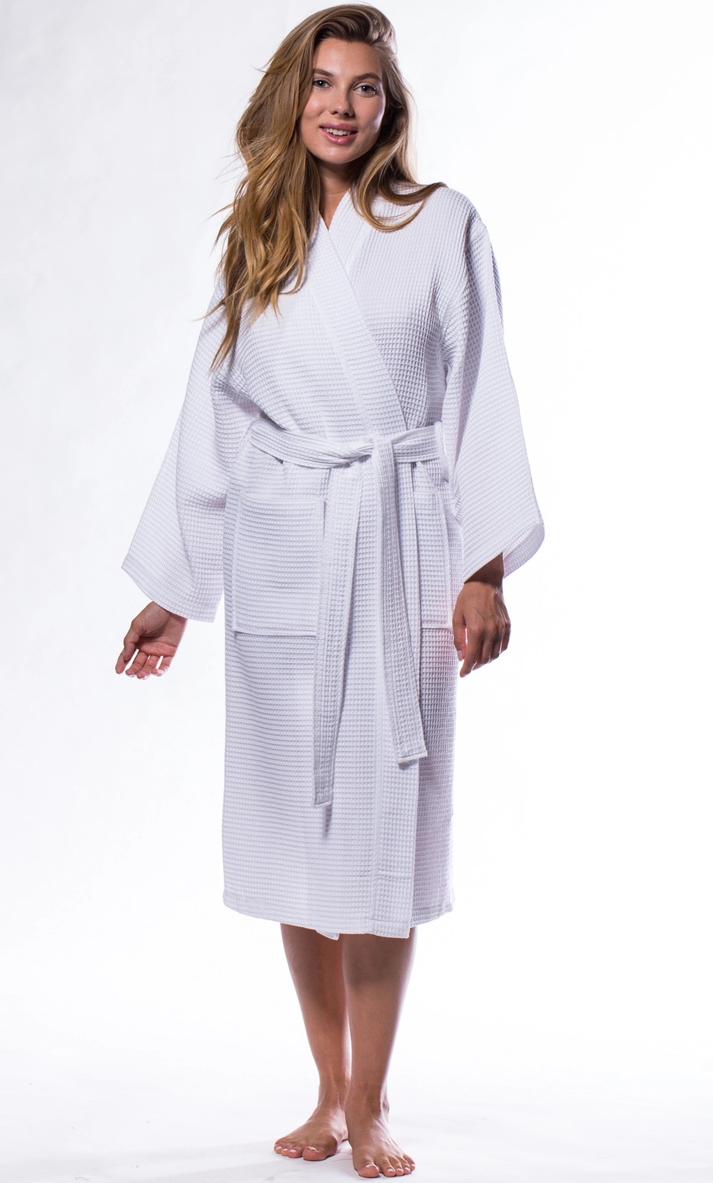 Waffle Kimono White Long Robe Square Pattern