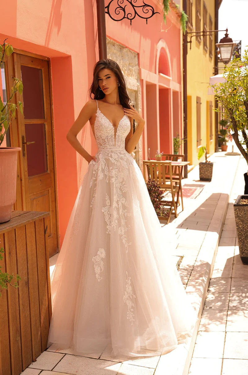 deep vneck aline wedding dress