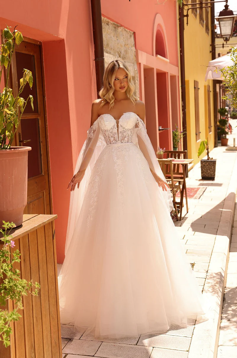 off the shoulder sweetheart aline wedding dress