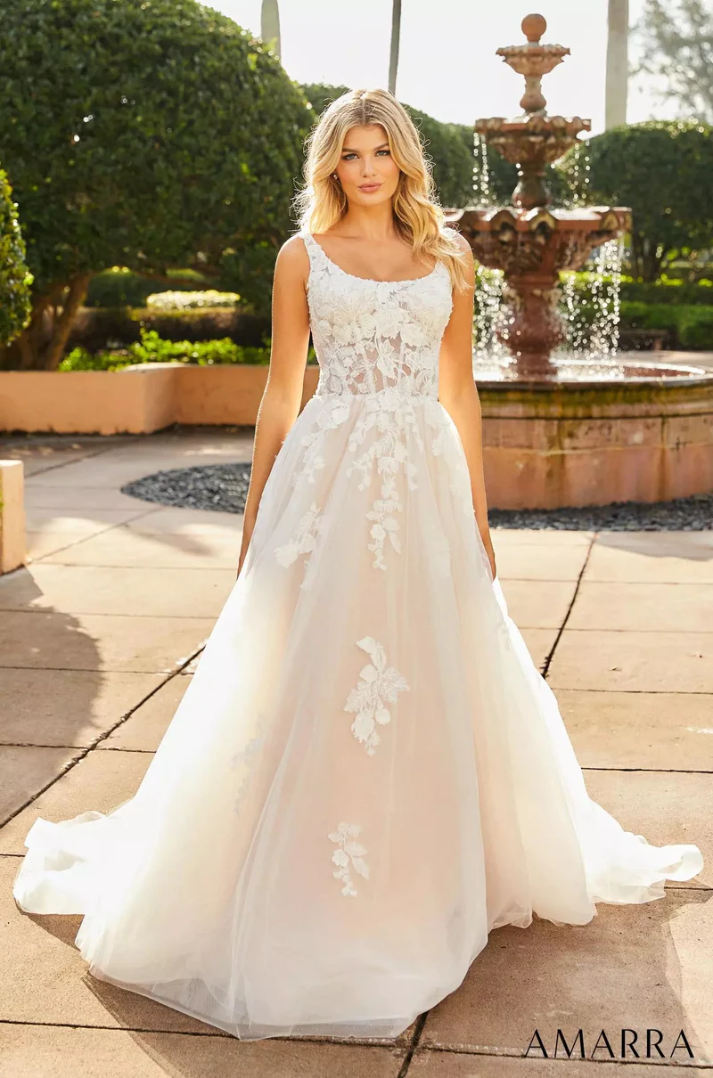 scoop lace floral aline wedding gown