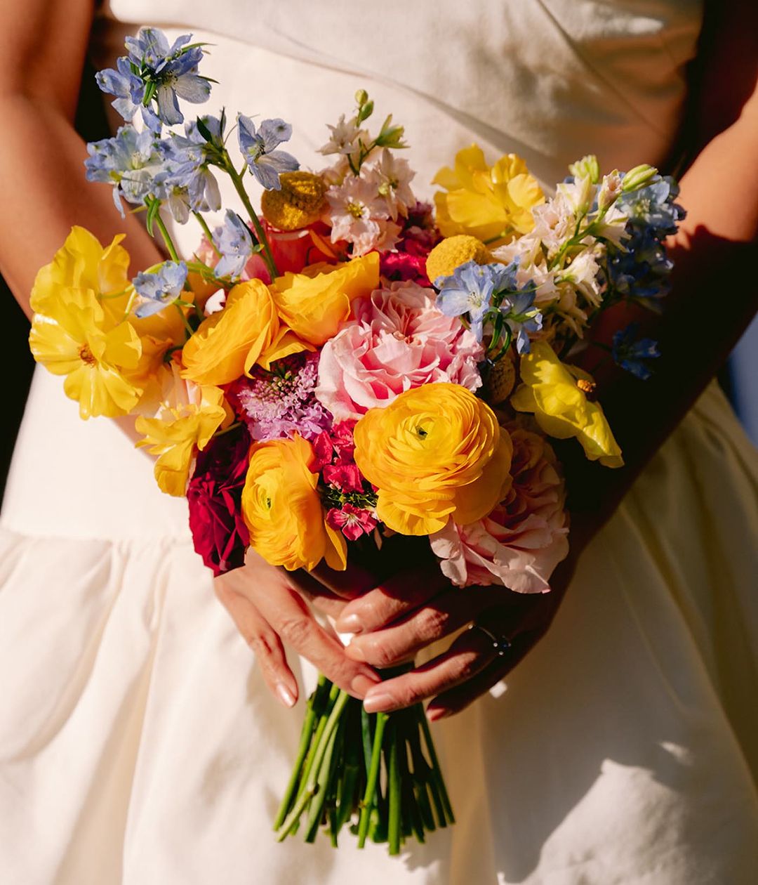 yellow and pink summer wedding bouquet via poppyflowers