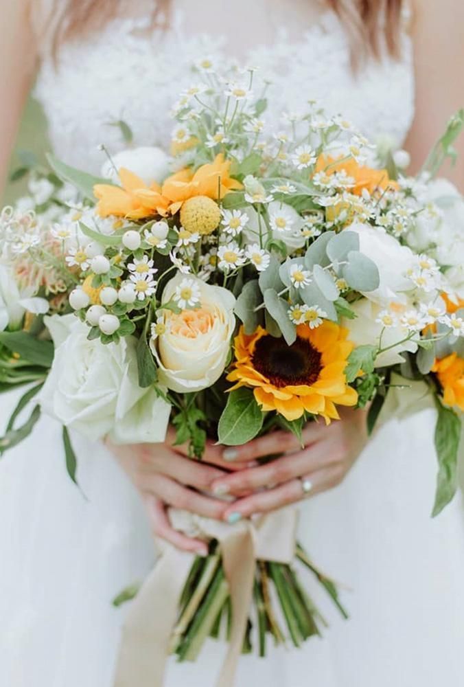 Baby's Breath and white roses sunflower wedding bouquet