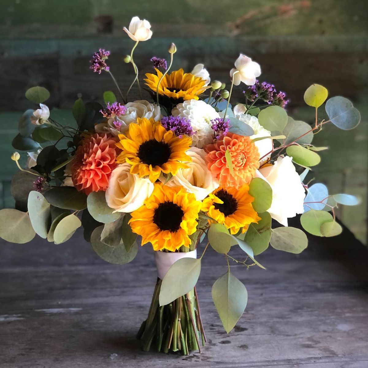 sunflower and dahlia wedding bouquet